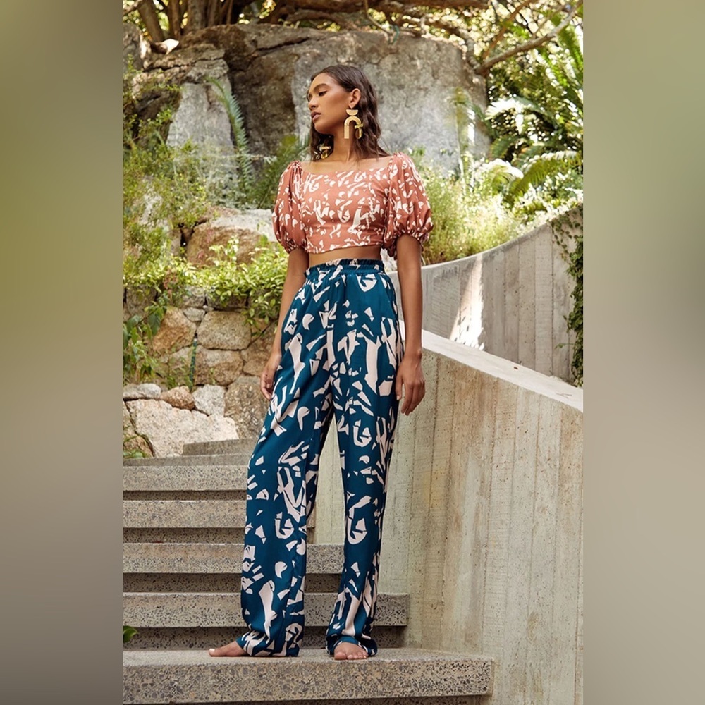 DiarraBlu Leer Batik Wide Leg Palazzo Pants Teal Small NWT - Picture 2 of 7